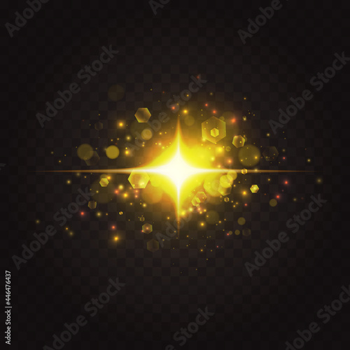 Abstract golden star sparkles, special light effect vector illustration. Abstract shiny magic explosion and lens flash glares, glow spark starlight shining with bright gold glint on dark background