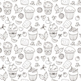 Line art seamless pattern with muffins, cookies, berries and spices. Hand drawn elements on white isolated background. Minimalist and modern design, for wrapping paper, cafe decor and more. 