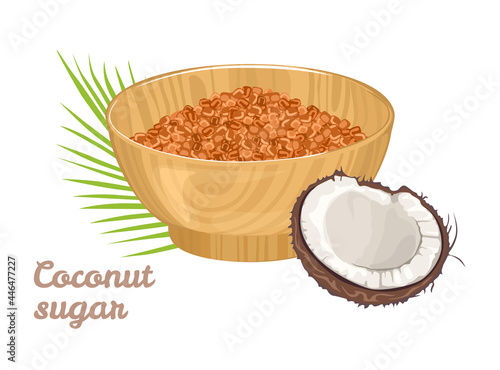 Coconut sugar in wooden bowl isolated on white background. Vector illustration of healthy food in cartoon flat style.