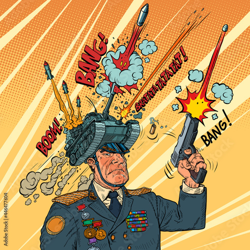 A military man with tanks and missiles in a ceremonial uniform, dangerous politics