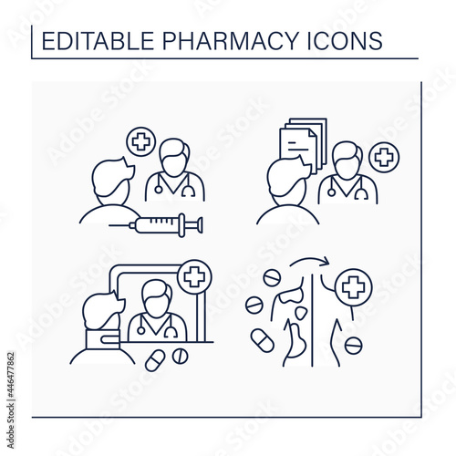 Pharmacy line icons set.Community pharmacy, efficacy, specialty drugs, pharmaceutical care. Healthcare concept. Isolated vector illustrations. Editable stroke