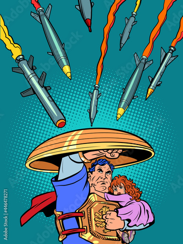 a superhero saves children. the anti-missile shield of Israel and other countries. Protecting civilians from terrorists