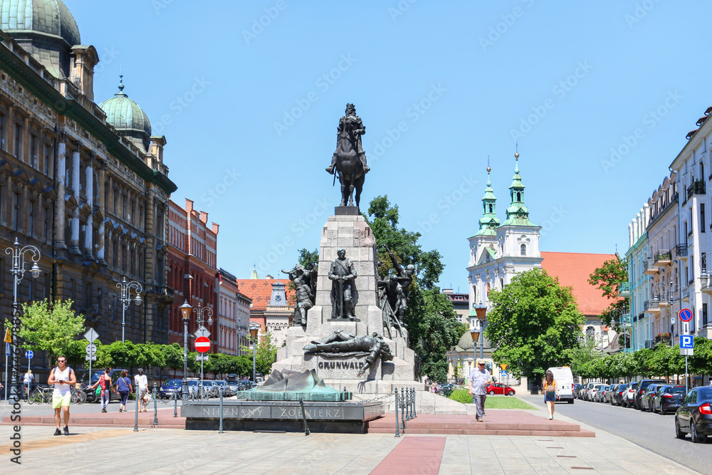 KRAKOW, POLAND - JUNE 30, 2021: Pomnik Grunwaldzki monument - obrazy, fototapety, plakaty 