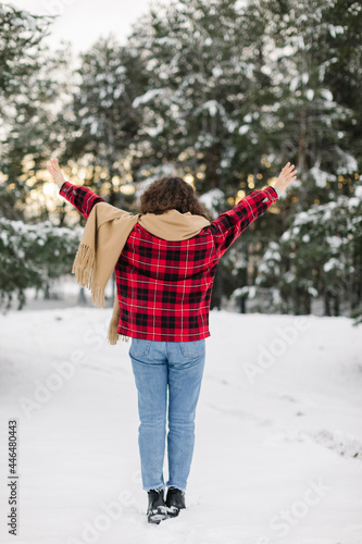 Happy Girl In Red Jachet The Snow Forest. Cold Winter. Cup of tea. © smishura