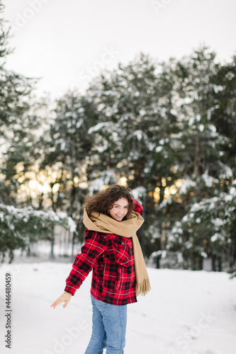 Happy Girl In Red Jachet The Snow Forest. Cold Winter. Cup of tea. © smishura