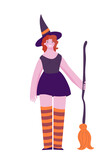 woman in a Halloween witch costume In striped stockings with a broom is going to a Samhain party. Trick or treat. Evil spirits, fear and ghosts for the holiday. Stock vector illustration on a white. 