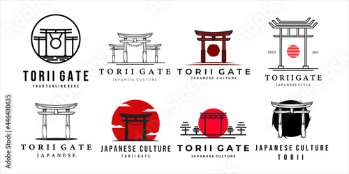 set of torii gate logo vintage and line art vector illustration template icon design. bundle collection of various torii emblem japanese culture label