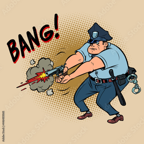 The policeman shoots. The officer uses a handgun weapon. Detaining a dangerous criminal