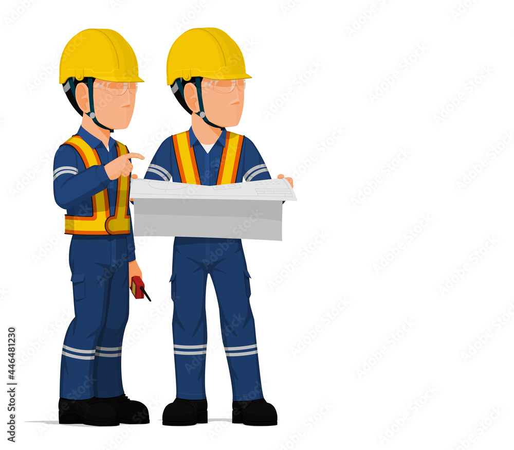 Two workers are discussing about engineering drawing. Two workers are discussing about engineering drawing.