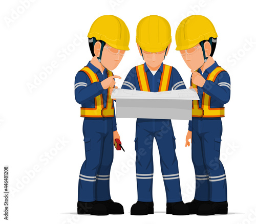 Three workers are discussing about engineering drawing.