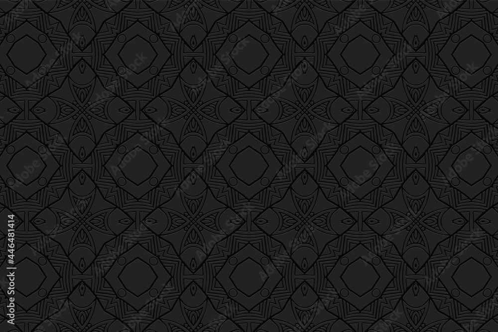 3D volumetric convex embossed geometric black background. Ethnic oriental, asian, indian pattern with handmade elements. Exotic ornament in doodling style.
