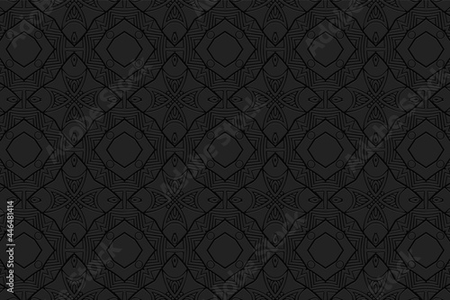 3D volumetric convex embossed geometric black background. Ethnic oriental, asian, indian pattern with handmade elements. Exotic ornament in doodling style.