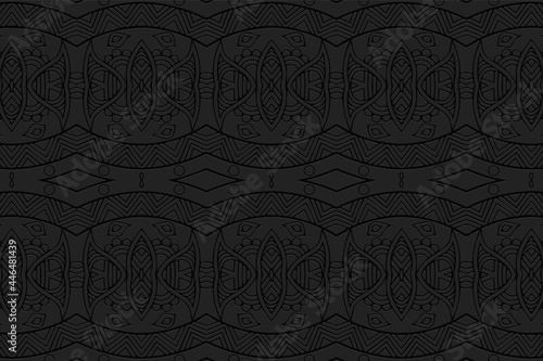 3D volumetric convex embossed geometric black background. Ethnic oriental, asian, indian pattern with handmade elements. Creative unique doodling style ornament.