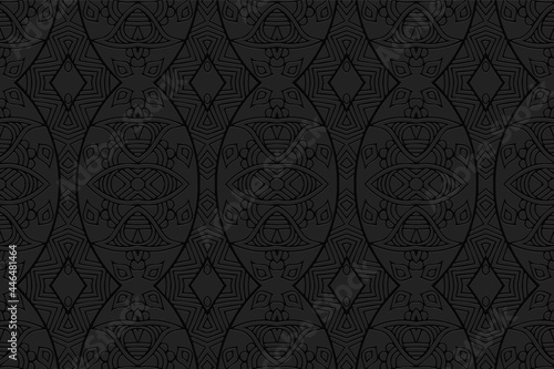 3D volumetric convex embossed geometric black background. Ethnic oriental, asian, indian pattern with handmade elements. Artistic beautiful ornament in doodling style.
