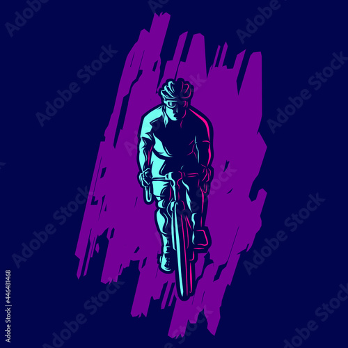 Riding bicycle road bike mountain biker line art logo. Colorful design with dark background.