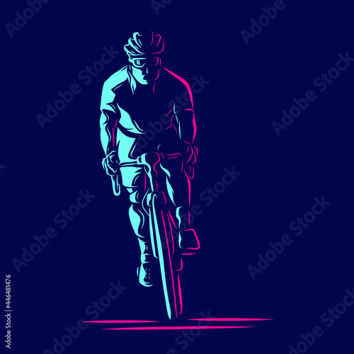 Riding bicycle road bike mountain biker line art logo. Colorful design with dark background.