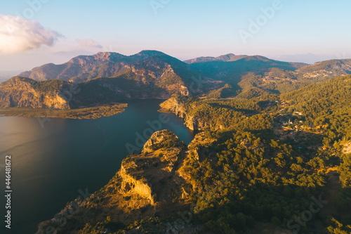 Scenic aerial panoramic view from  Iztuzu beach and the Dalyan river Delta as well as lake Sulungur at sunset time. Majestic summer landscape. Explore natural wonders of Turkey photo