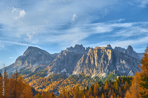 View of Tofane mountains seen from Falzarego pass in an autumn landscape in Dolomites, Italy. photo