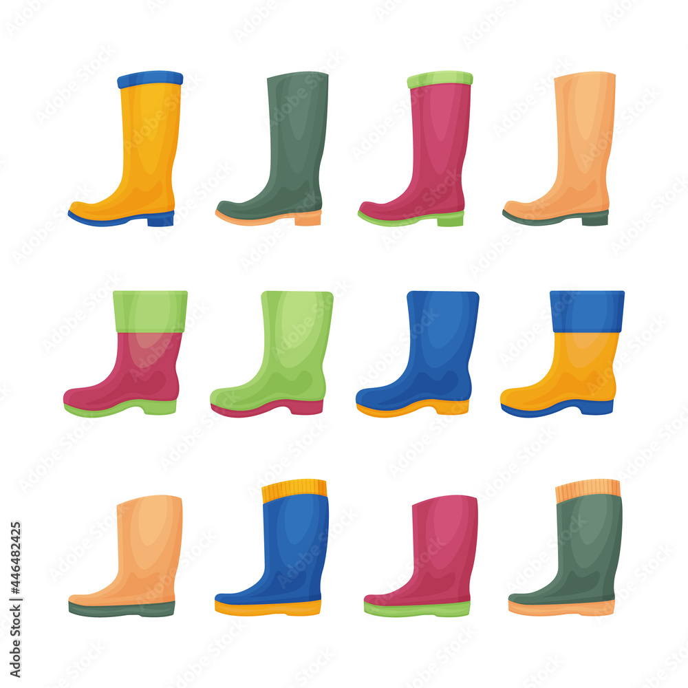 A large set with the image of rubber boots of various colors and shapes. Rubber shoes for walking in rainy autumn weather. Silicone boots for dirty roads. Vector illustration A large set with the image of rubber boots of various colors and shapes. Rubber shoes for walking in rainy autumn weather. Silicone boots for dirty roads. Vector illustration