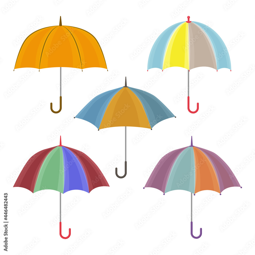 A large set with the image of umbrellas of various colors and shapes. Large bright umbrellas for walking in rainy autumn weather. A device for protection from rain and bright sun. Vector illustration