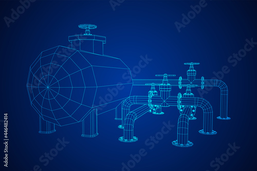 Oil tank storage of flammable materials and pipeline with valve. Finance economy polygonal petrol production. Petroleum fuel industry transportation line. Wireframe low poly mesh vector illustration.