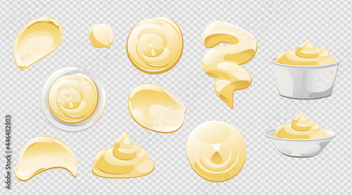 Mayonnaise in bowl, bottle, stains and splash set. Condiment white sauce icon set. Top and front view vector illustration.