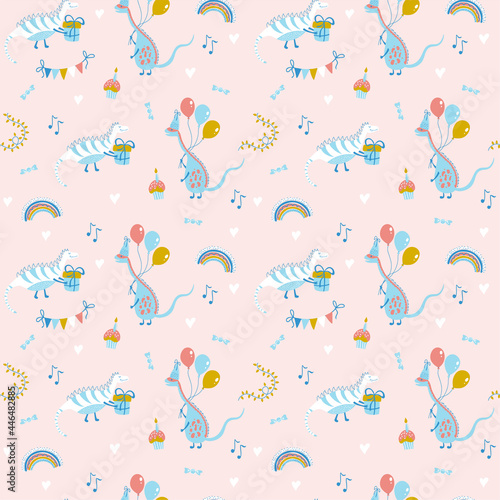 Birthday seamless pattern with dinosaurs, gifts, balloons, cupcakes, rainbows. Colourful vector illustration in simple cartoon hand-drawn style for kids birthday party, pajamas print, textiles, paper.