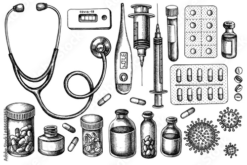 Vector set of hand drawn black and white vial of blood, pills and medicines, medical thermometer, coronavirus rapid test, coronavirus bacteria cell, stethoscope, syringe, vaccine