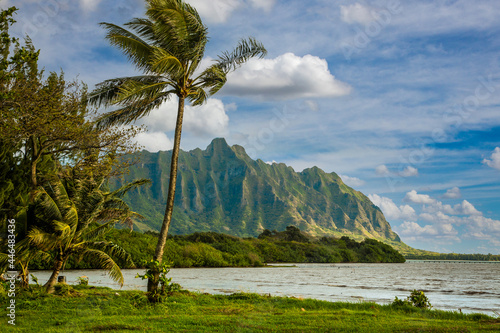 Puffy cloudsover the Koʻolau mountan Range and the Pacific ocean on the winward side of Oahu, Hawaii,  near Panaluu photo