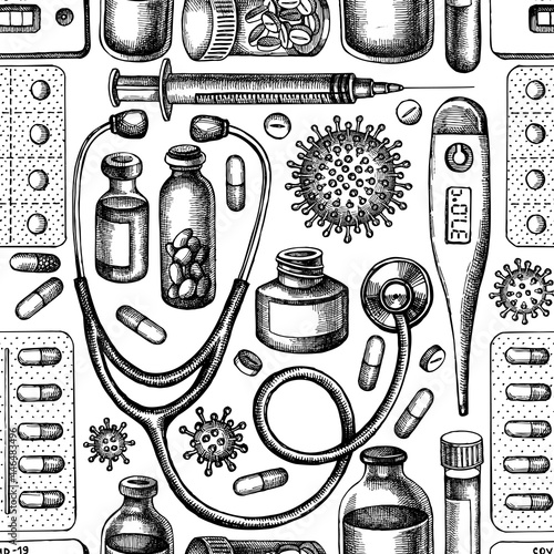 Seamless pattern with black and white vial of blood, pills and medicines, medical thermometer, coronavirus rapid test, coronavirus bacteria cell, stethoscope, syringe, vaccine