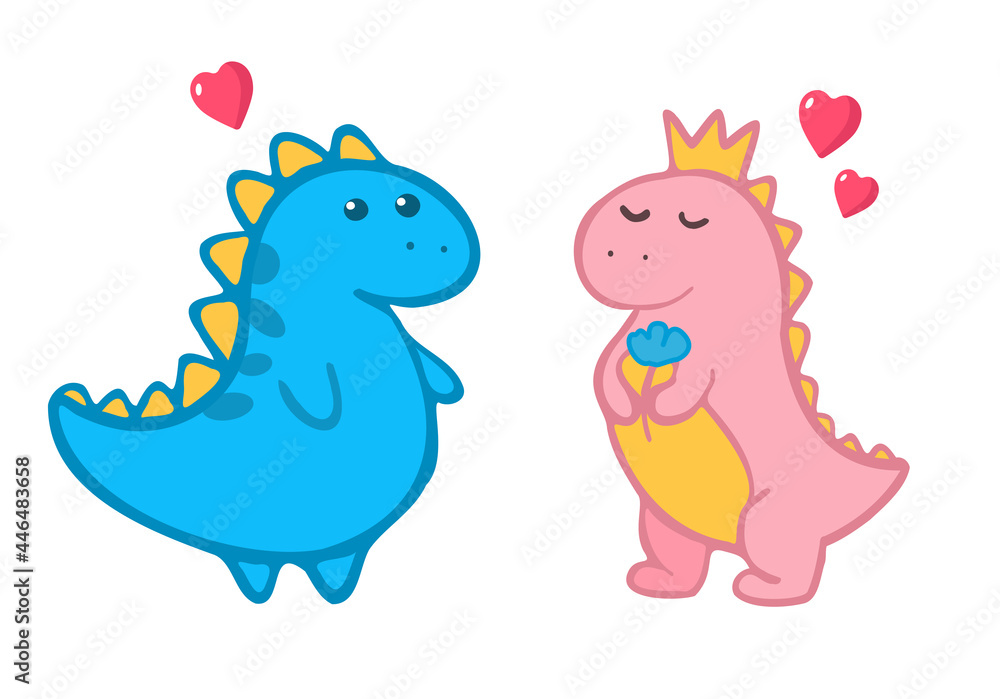 Vector cartoon clipart illustration of two dinosaurs, pink and blue, boy and girl, cute couple in love, dino doodle for children 