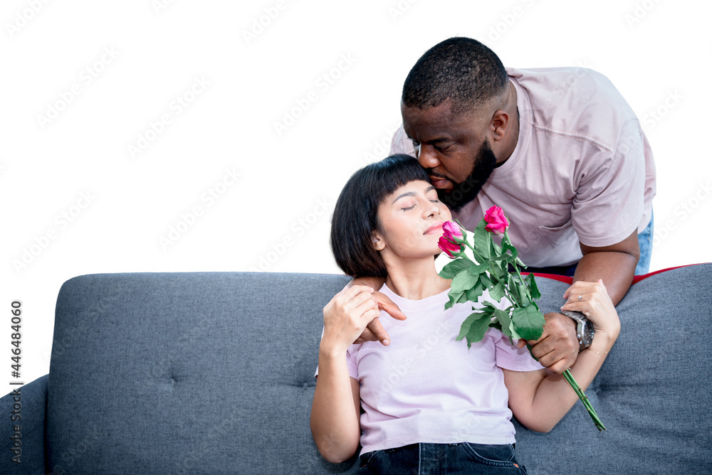 Portrait images couple, African American husband gives roses flower and kissing his wife with love, On white isolated background, to people African black skin and Valentine's day concept. Portrait images couple, African American husband gives roses flower and kissing his wife with love, On white isolated background, to people African black skin and Valentine's day concept.