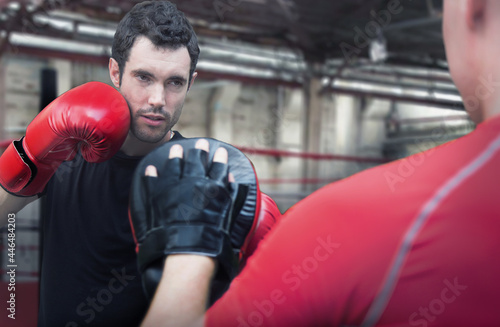 muscular man in red gloves training on boxing paws