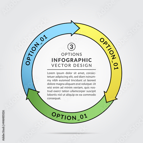 Circular connected infographic charts with 3 options. Circle infographic design template for round diagram, graph, web design, banner. Business concept with 3 options or process. Vector illustration.