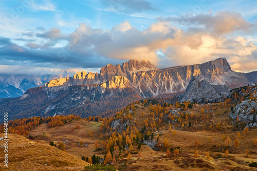 Panorama of autumn pomagagnon peaks at Cortina d'Ampezzo, Dolomites, Italy, Colorful beautiful rocks mountains. © Ryzhkov Oleksandr