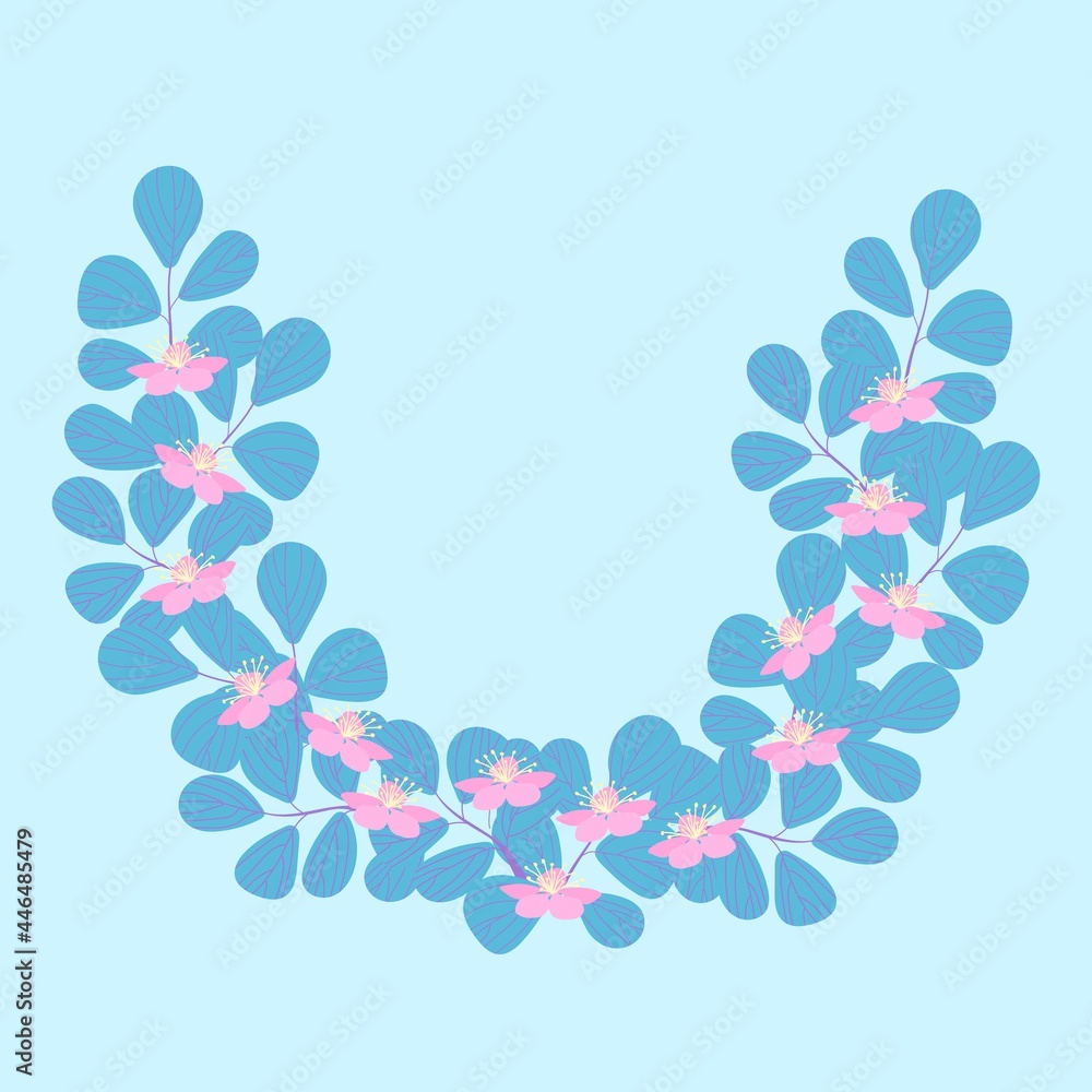 Vector illustration. Cute rounded floral frame for decoration. The flowers are delicate. Frame in pink birch color on a blue background. 