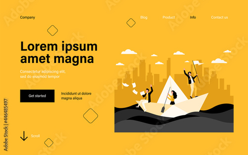 Successful business leader with flag sailing boat, his team using paddle. Colleagues and boss travelling in ocean of opportunities. Vector illustration for success, unity teamwork, leadership concept