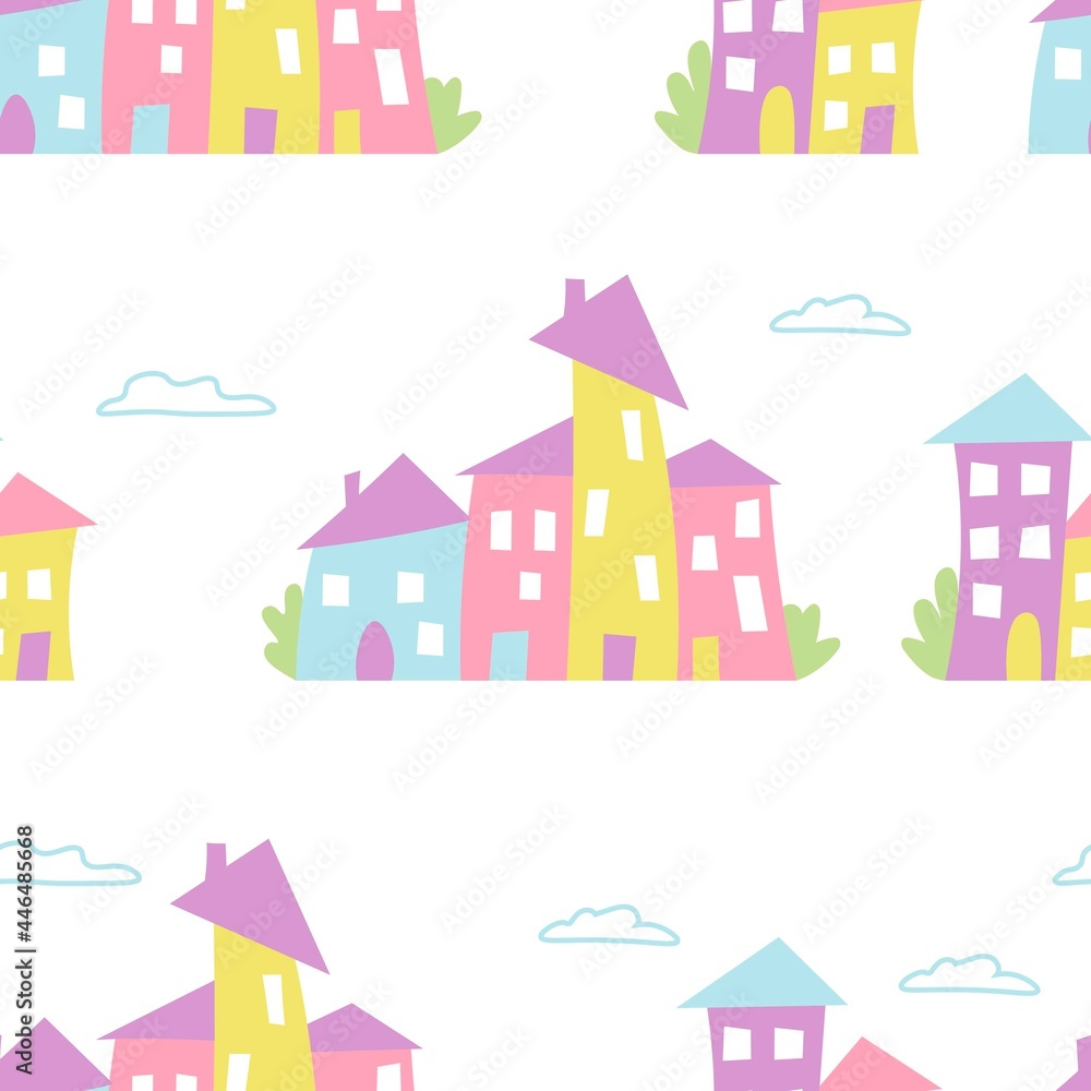 Cute seamless pattern with houses. Vector illustration on white background.