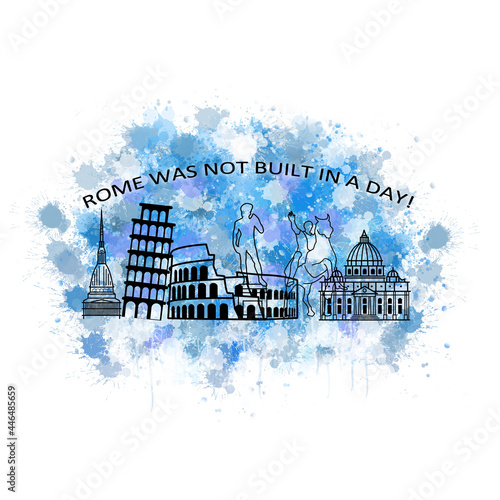 Rome travel quote watercolor doodle- Rome was not built in a day