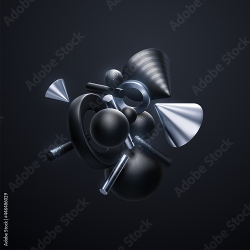 Black and silver geometric shapes cluster. Abstract elegant background.