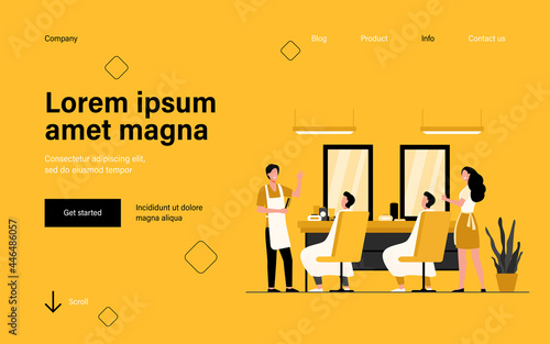 Man sitting in chair in barbershop isolated flat vector illustration. Cartoon hairdressers making haircut for clients. Hairdressing salon and fashion concept