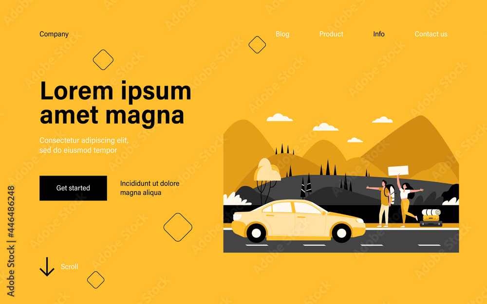 Happy couple of tourists with backpacks and camping stuff hitchhiking on road and thumbing yellow car. Mountain landscape. Vector illustration for travel, hiking, trekking, adventure concept Happy couple of tourists with backpacks and camping stuff hitchhiking on road and thumbing yellow car. Mountain landscape. Vector illustration for travel, hiking, trekking, adventure concept