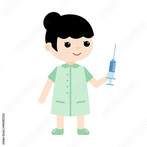 Doctor nurse with syringe in uniform ready for flu covid19 vaccination injection shot isolated on white vector.Cute cartoon female character.Colored flat doodle style.Hospital medical tools equipment.