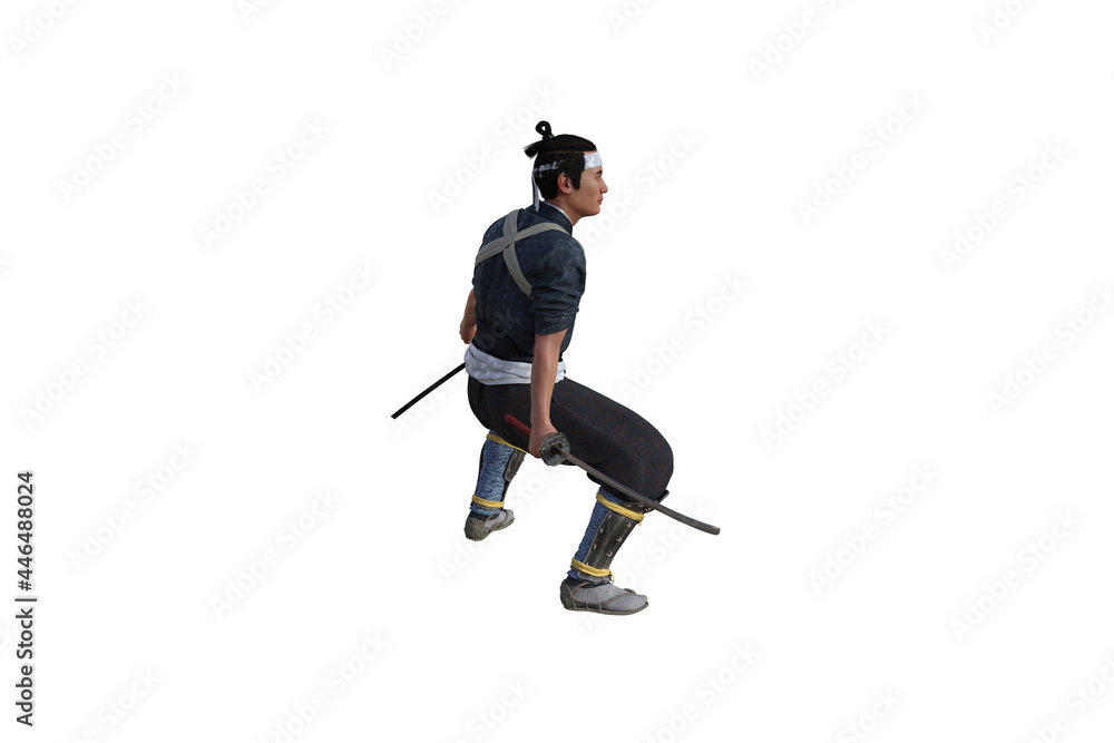 Obraz premium Chinese fighter poses with sword for your scenes specially for collage, isolated on white background. 3D illustration. 3D rendering.