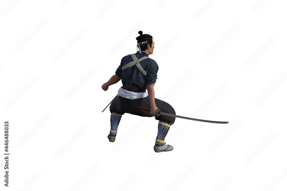 Fototapeta premium Chinese fighter poses with sword for your scenes specially for collage, isolated on white background. 3D illustration. 3D rendering.