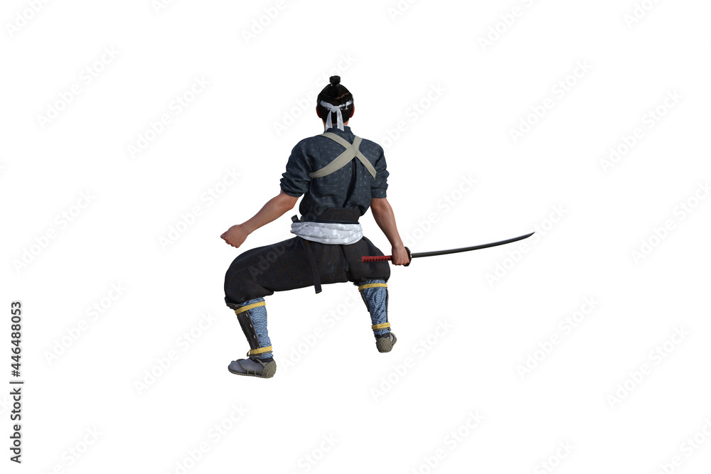 Chinese fighter poses with sword for your scenes specially for collage, isolated on white background. 3D illustration. 3D rendering. Chinese fighter poses with sword for your scenes specially for collage, isolated on white background. 3D illustration. 3D rendering.