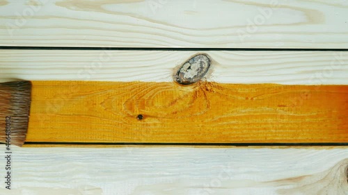 The painter technically applies wood stain on the freshly planed wooden board with a brush on the workshop background. Slow accurate professional wood craftsman work. Top view. Close-up
