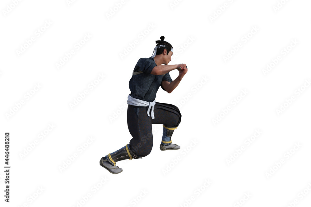 Chinese fighter poses with sword for your scenes specially for collage, isolated on white background. 3D illustration. 3D rendering. Chinese fighter poses with sword for your scenes specially for collage, isolated on white background. 3D illustration. 3D rendering.