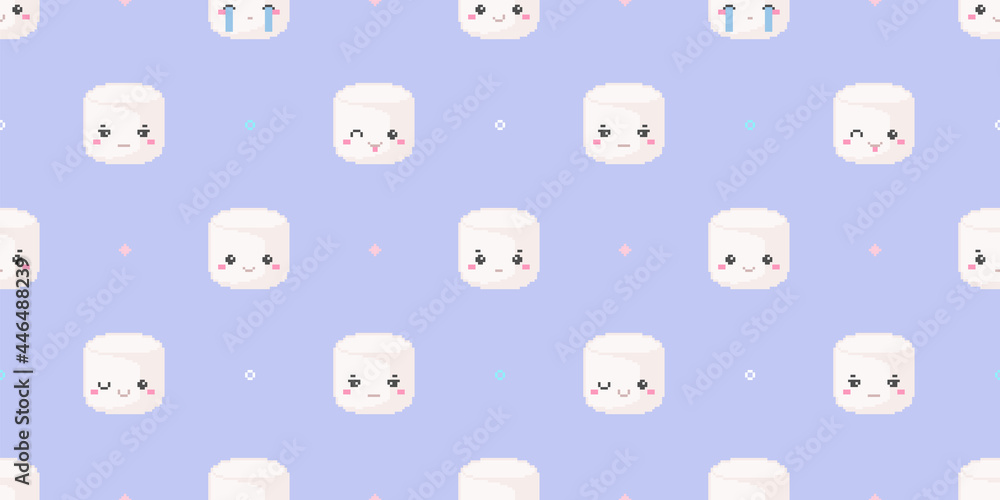 Seamless pixel art cute pattern with marshmallows. Kawaii 8 bit marshmallows sweet pattern for