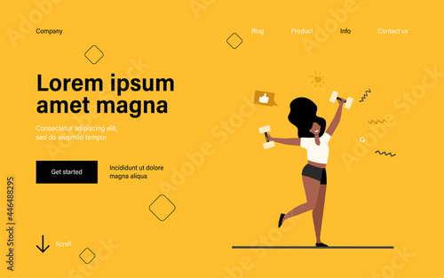 Happy dark skinned girl doing exercises. Woman dancing with dumbbells flat vector illustration. Fitness, gym, weight lifting concept for banner, website design or landing web page